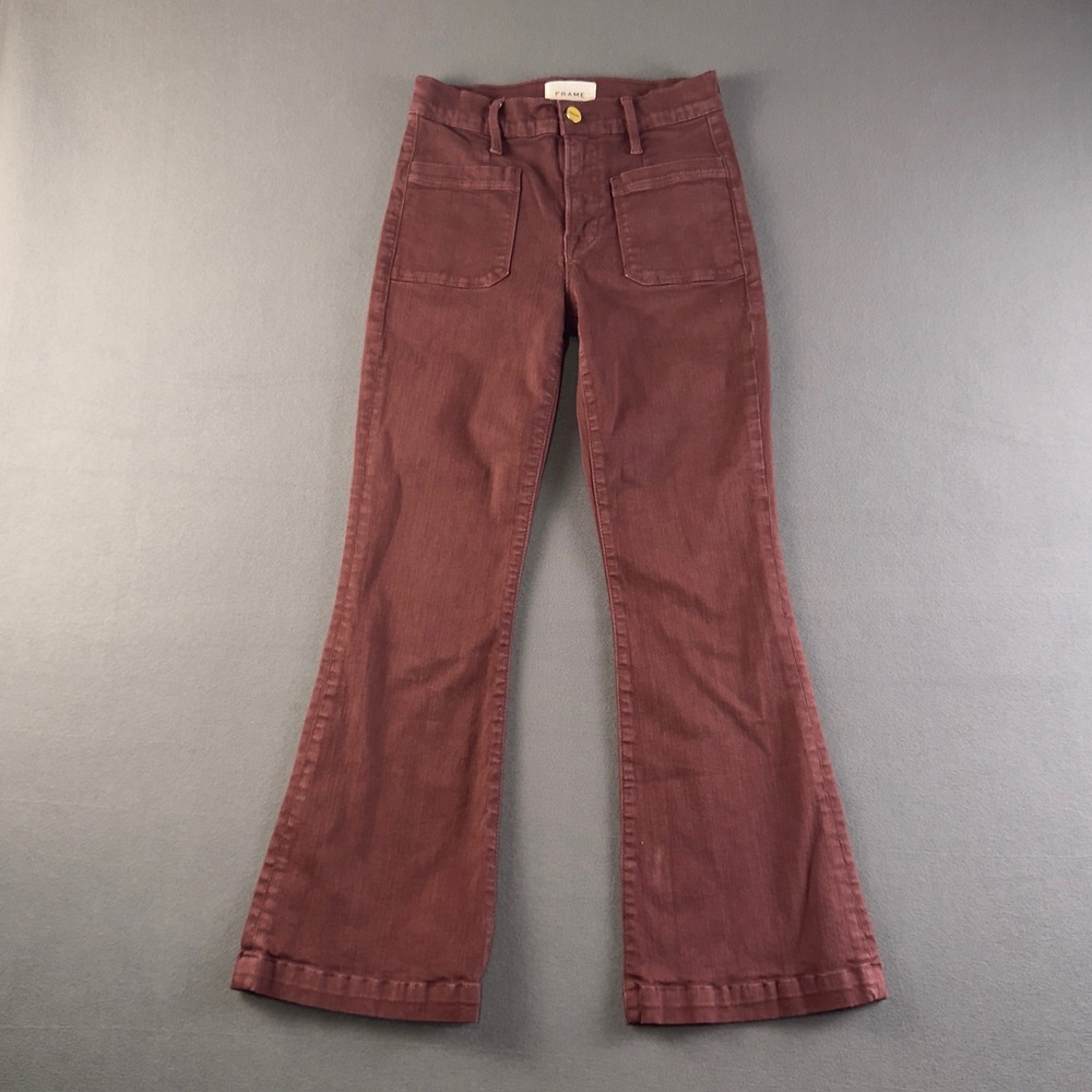 FRAME Le Bardot Crop Flare Jeans Bordeaux Burgundy High Rise Patch Pocket 24